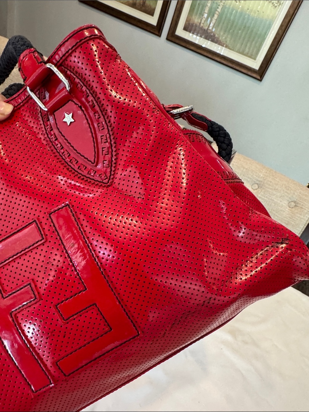 Authentic Fendi Red Patent Satchel with Black Braided Handles - Picture 12 of 17
